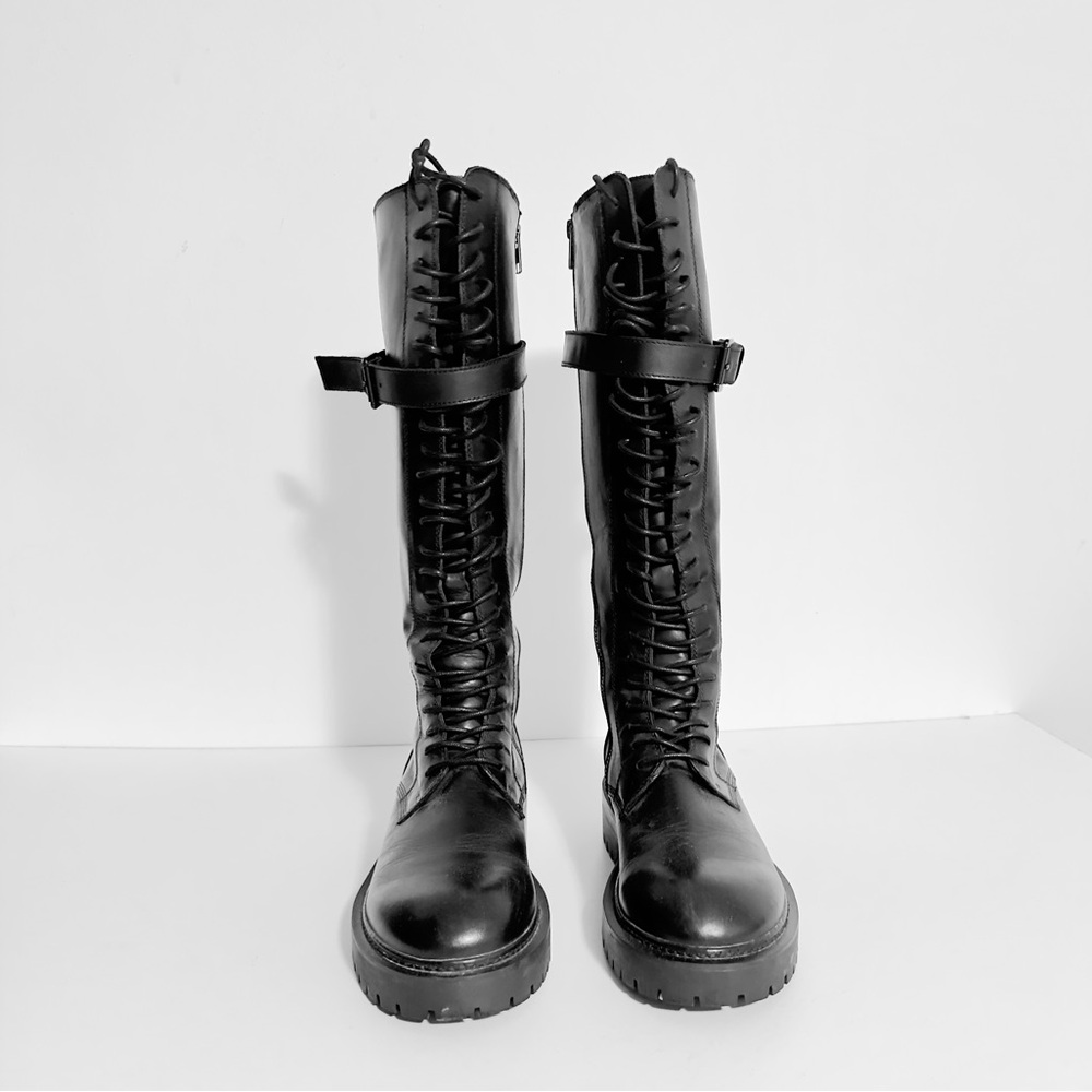 Black Lace-Up Knee-High Boots, genuine leather